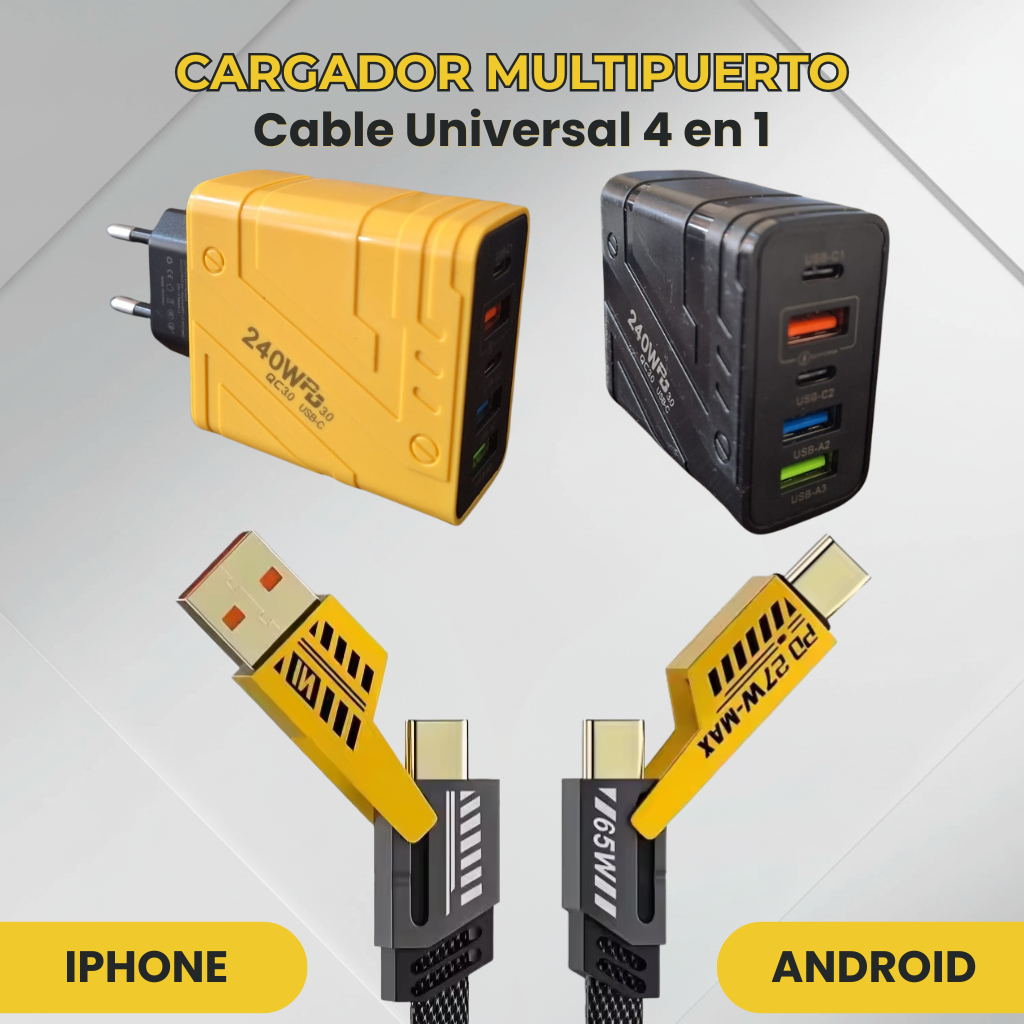 Cargador Multipuerto + Cable Universal 4 en 1