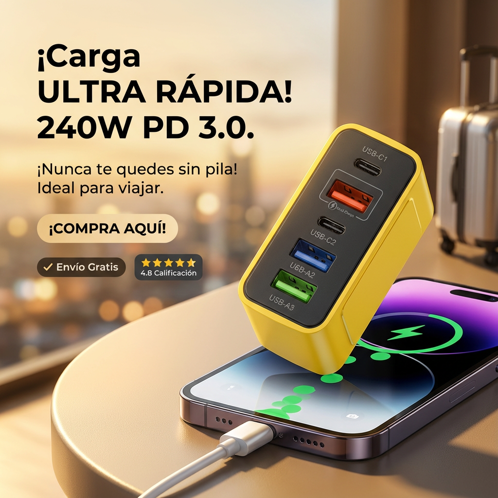 Cargador Rápido Multipuerto 240W PD 3.0 – 5 Puertos USB