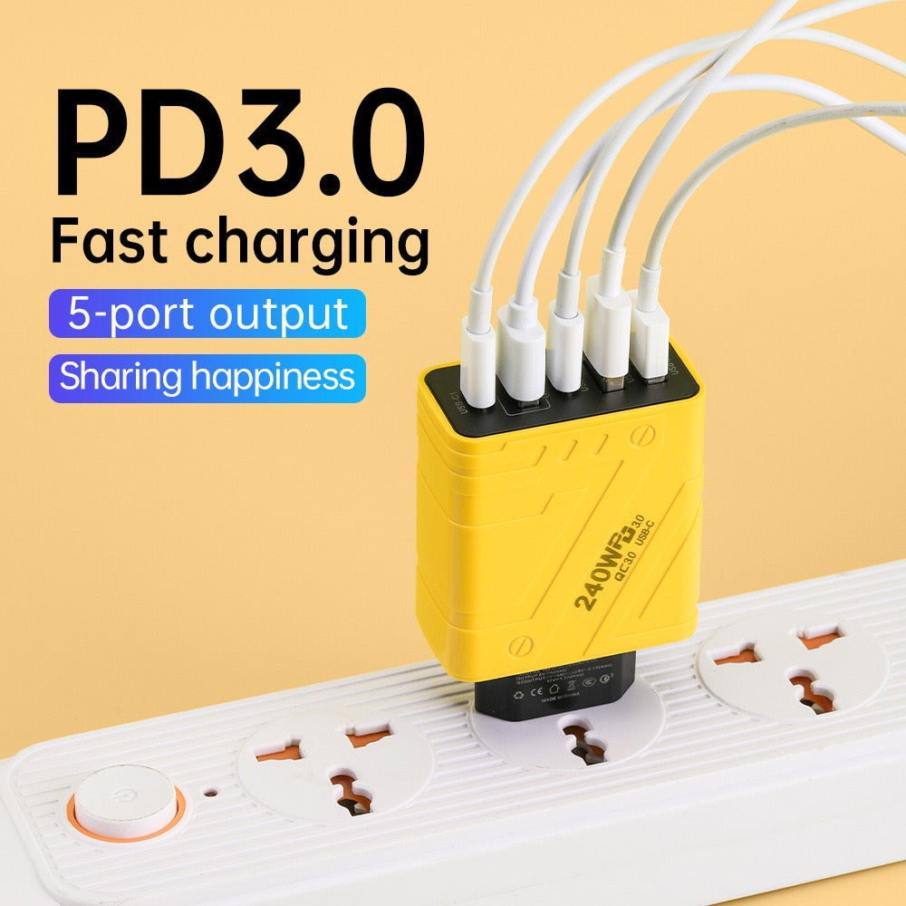 Cargador Rápido Multipuerto 240W PD 3.0 – 5 Puertos USB